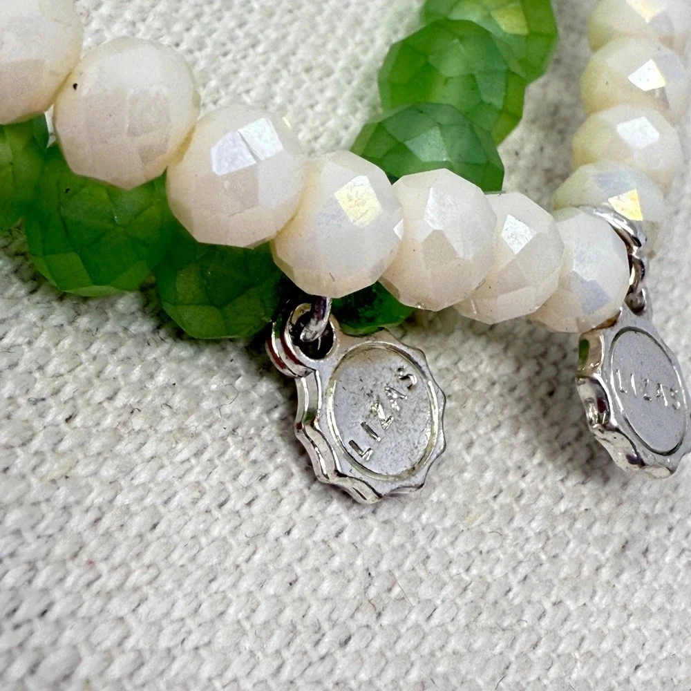 Lizas Beaded Bracelet Set‎ Green White Faceted Crystal Stretch Layering Stacking